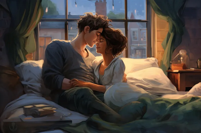 pair hugs and kiss each other in bed Cory Loftis styl