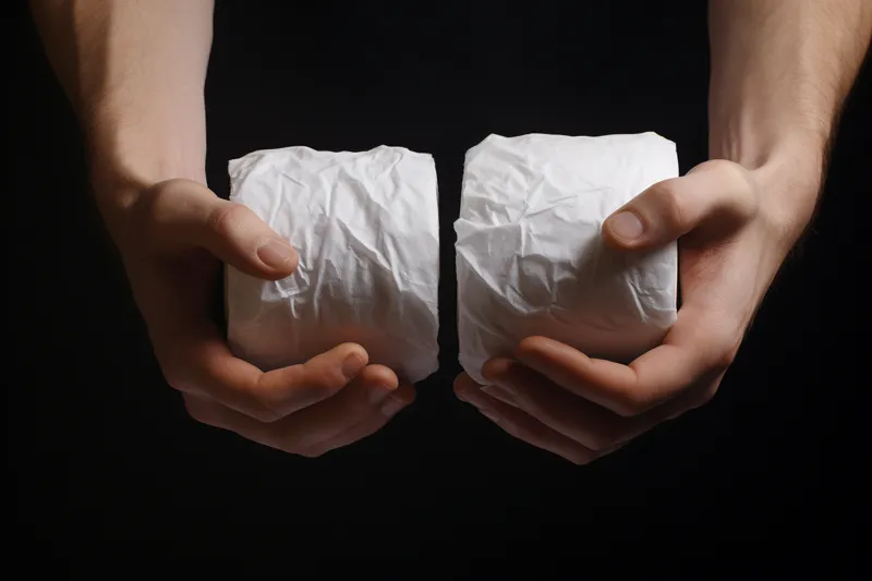 pair of hands gripping a toilet paper roll signifying