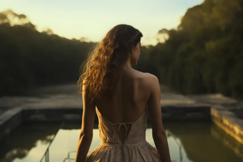 womans in open back dress standing back in a serene n